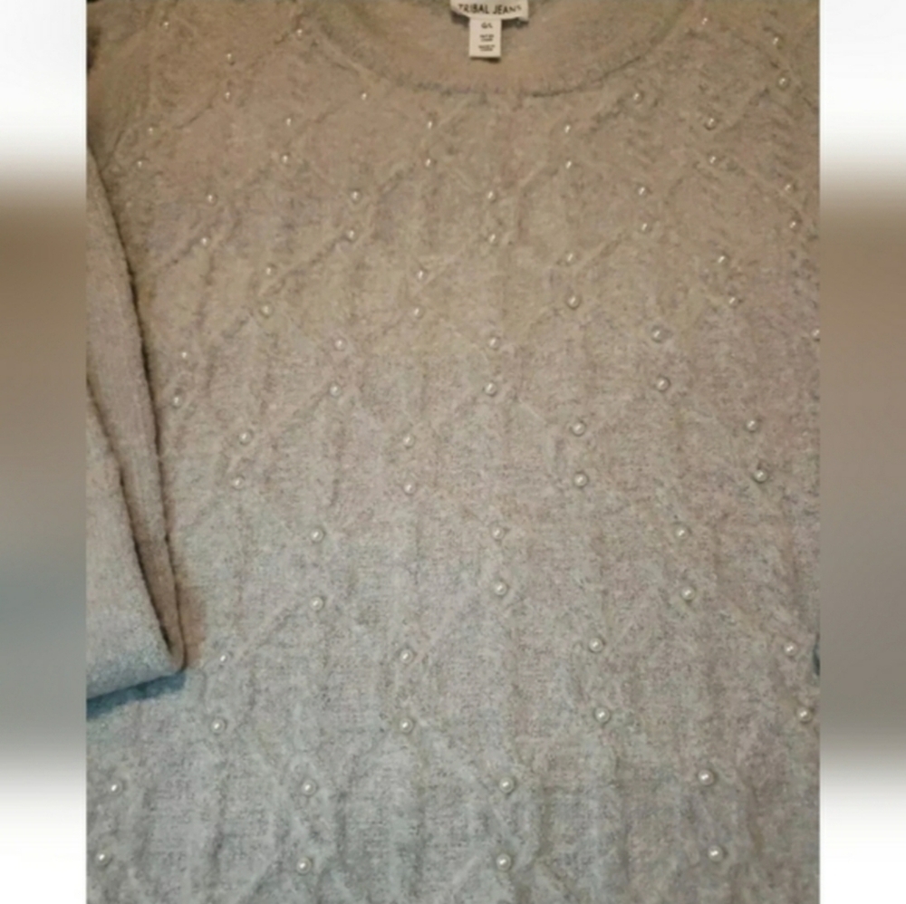 Tribal Jeans Gray Faux Pearl Sweater Large New With Tags